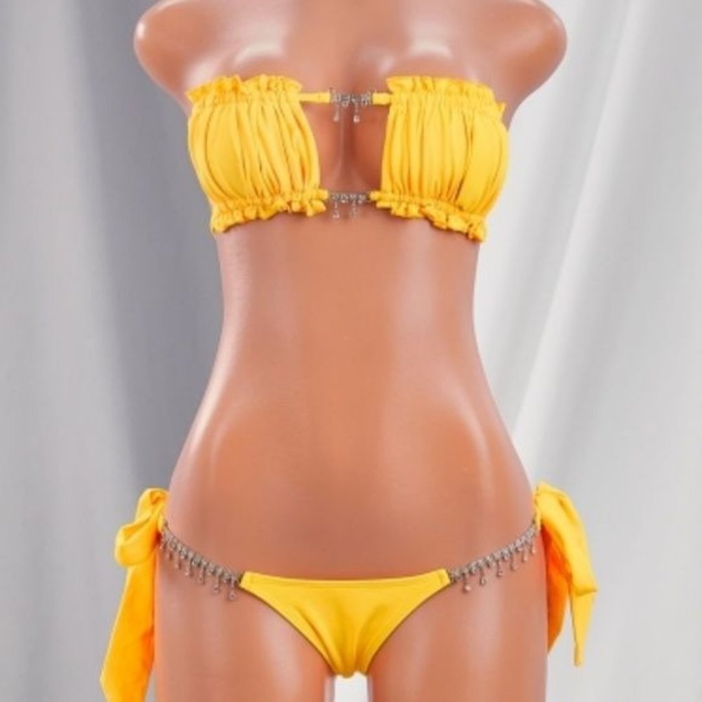 Stasia Booblicious Neon Coral Dangling Rhinestone Charm String Bikini - Picture 9 of 12